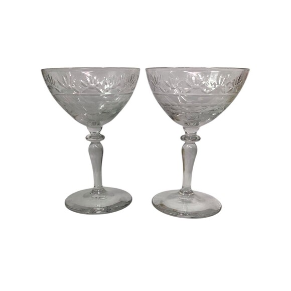Set of 2 Floral Etched Art Deco Crystal Cut Glass Cocktail Cordial Glasses - Picture 4 of 10